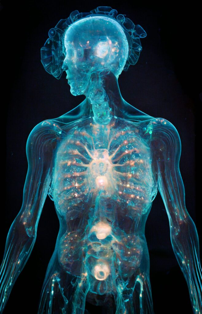 close up of a person with a glowing body